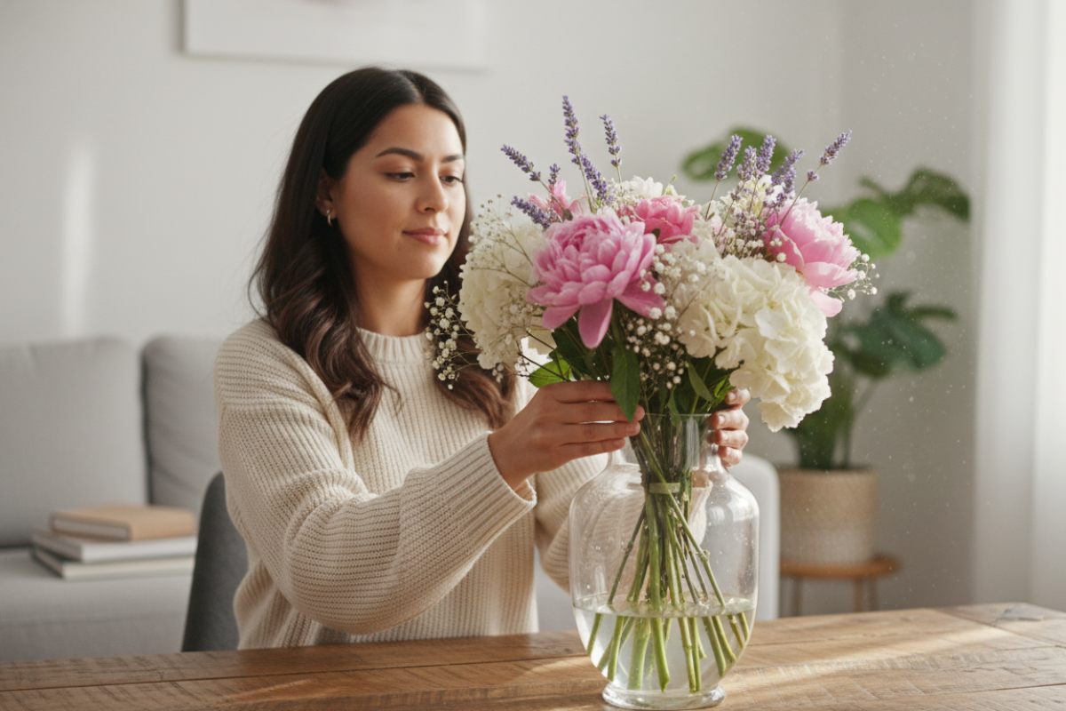 Mujer arreglando ramo de flores de temporada con peonías rosadas, hortensias blancas y lavanda en florero de vidrio transparente.