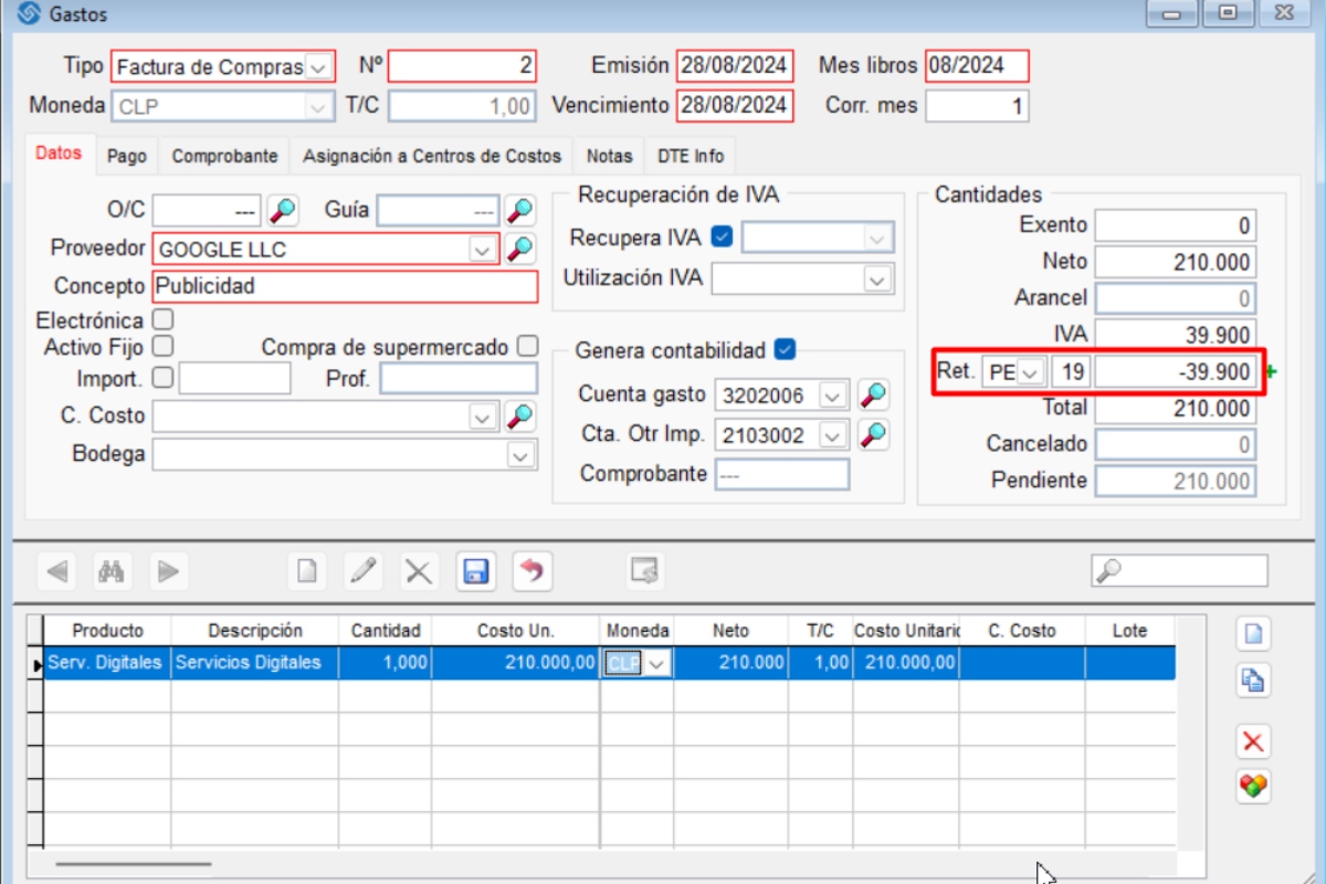 Factura de compra propia en software ERP Laudus.