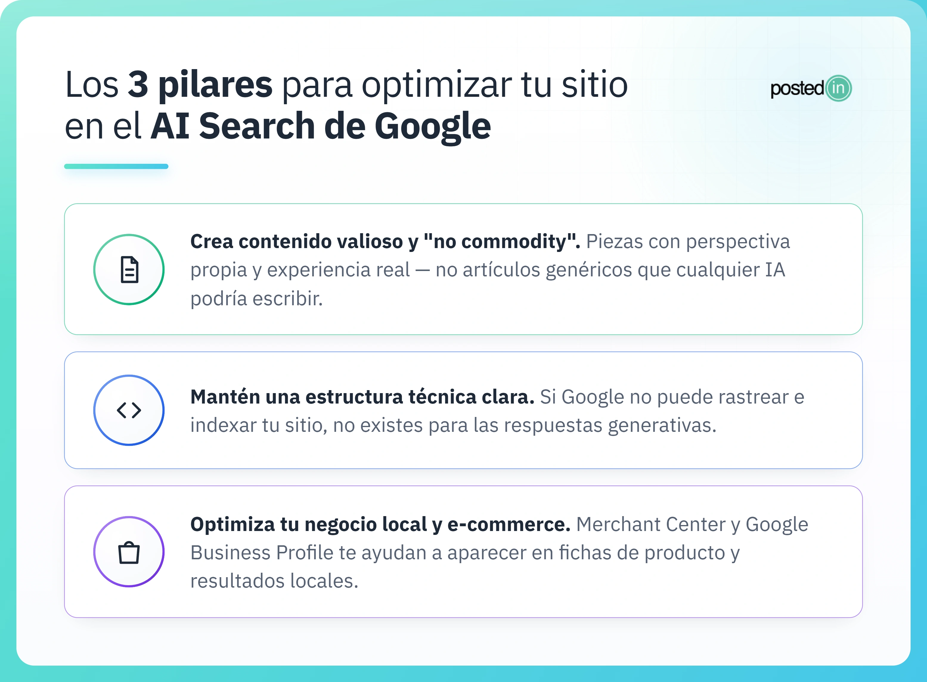 3 pilares para optimizar el sitio en el AI Search de Google.
