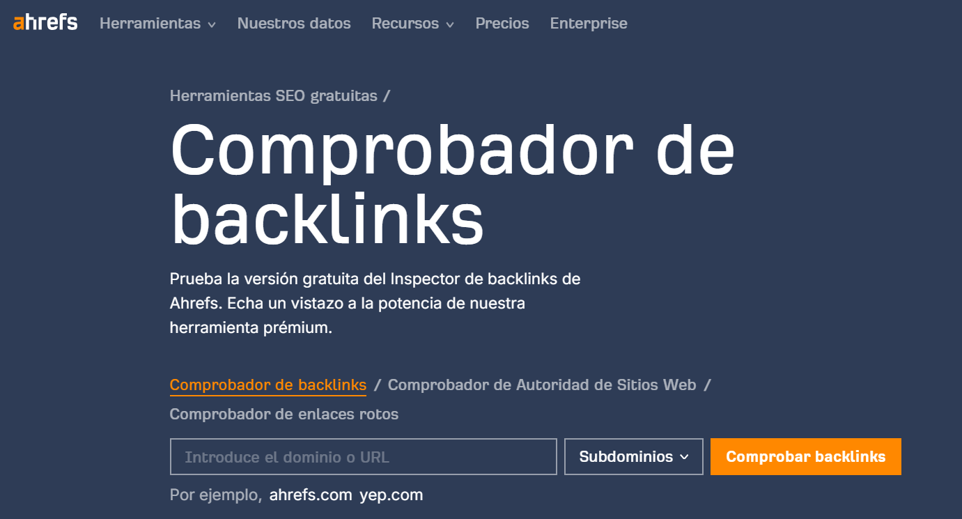 página de herramienta SEO gratuita de Ahrefs: comprobador de backlinks.