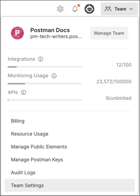 Team menu with Team Settings selected