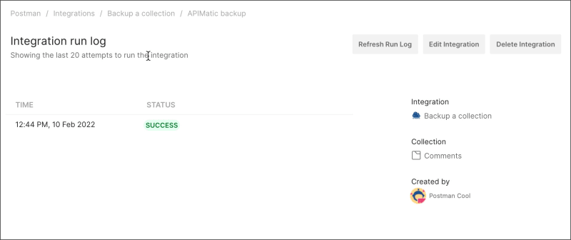 APIMatic integration run log