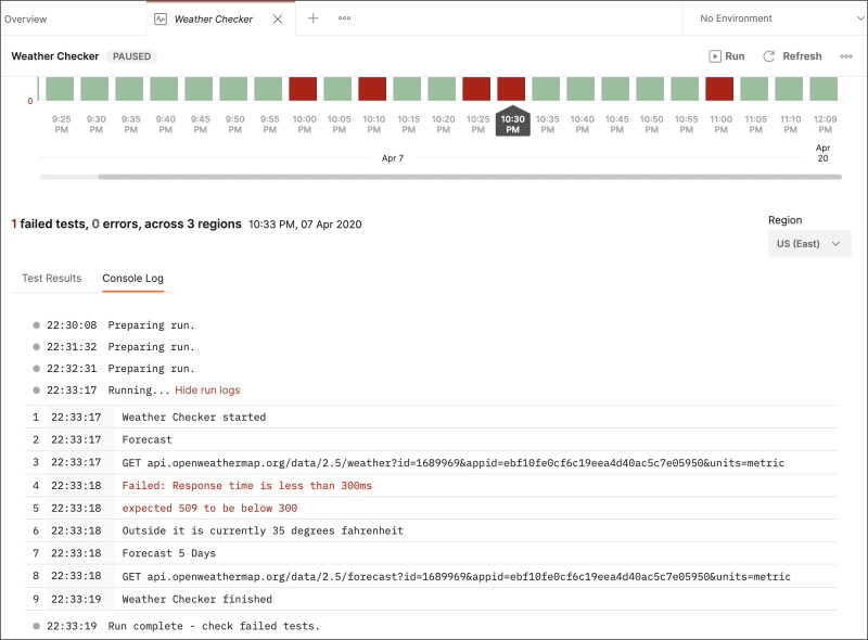 Failed monitor run Console log