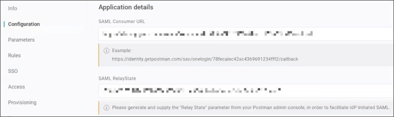 OneLogin configuration application details