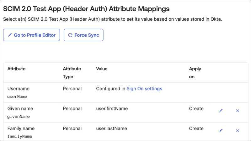Okta's SCIM test app attribute mappings