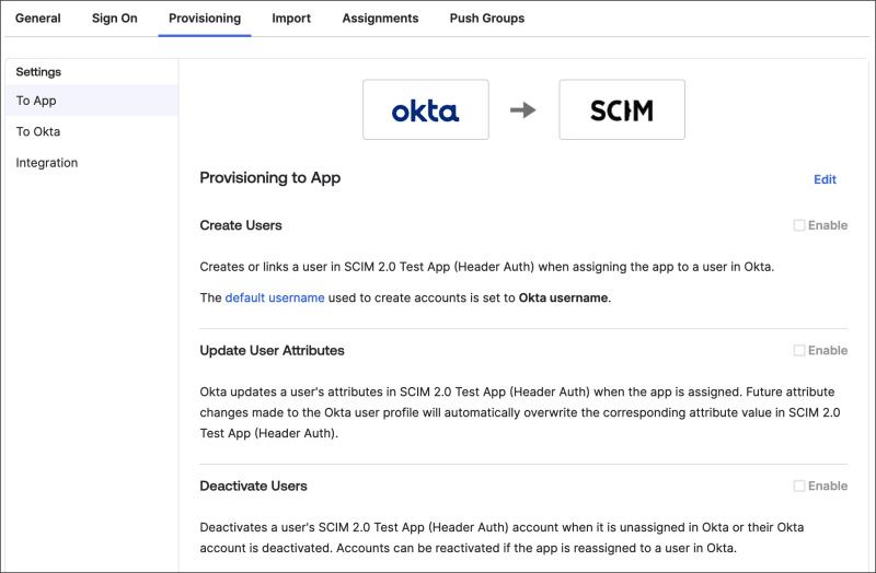 Configure features in Okta's SCIM test app