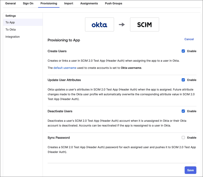 Enabled features in Okta's SCIM test app