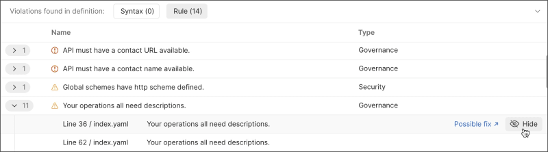 Hide a rule violation in your API definition