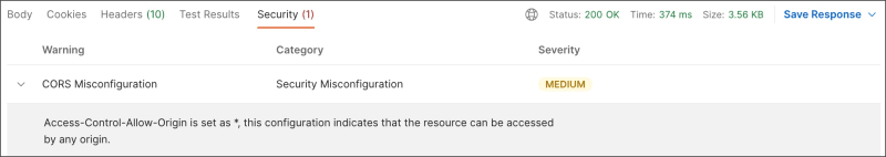 Security tab showing one warning