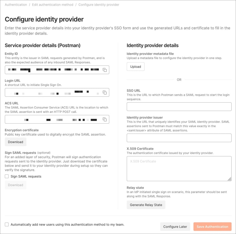 Configure identity provider details in Postman