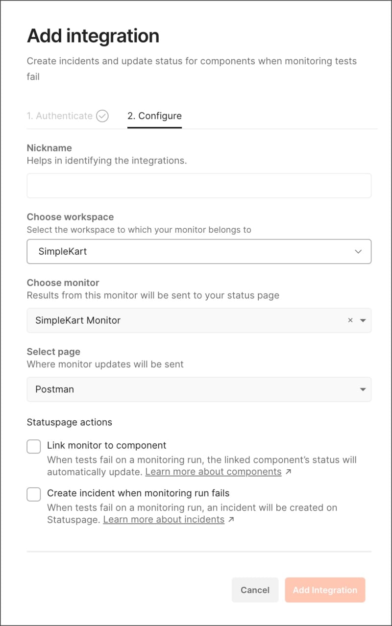 Configure Statuspage integration in Postman