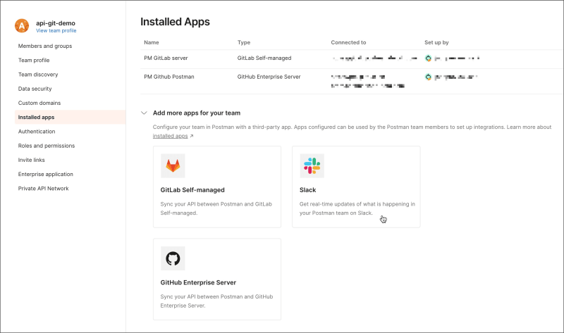 Adding an installed app from Team Settings