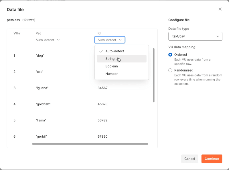 Selecting a data type for imported data