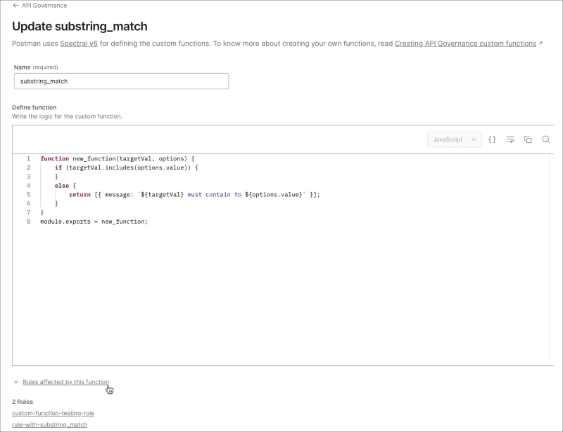 Custom API Governance functions used in custom rules