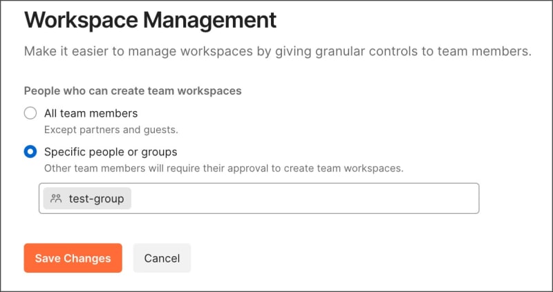 Specify users who can create team workspaces