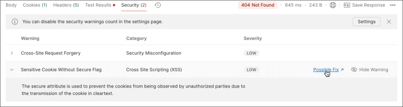 Select Possible fix in a security warning