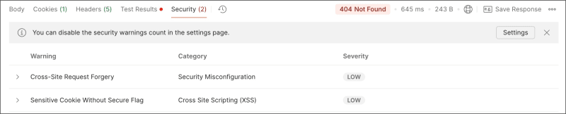 Security tab showing one warning