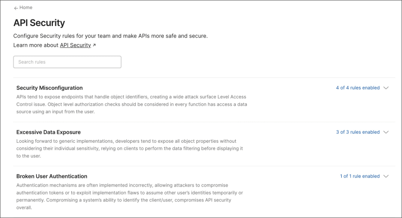 API Security configuration page