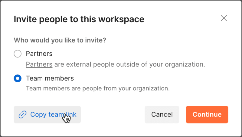 Invite team members to a Partner Workspace via link