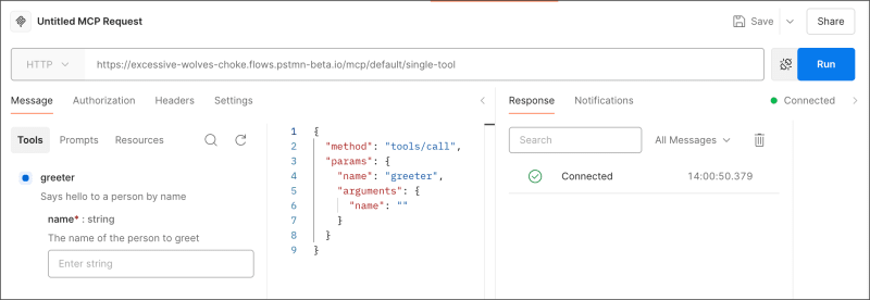 Example MCP request in Postman Flows