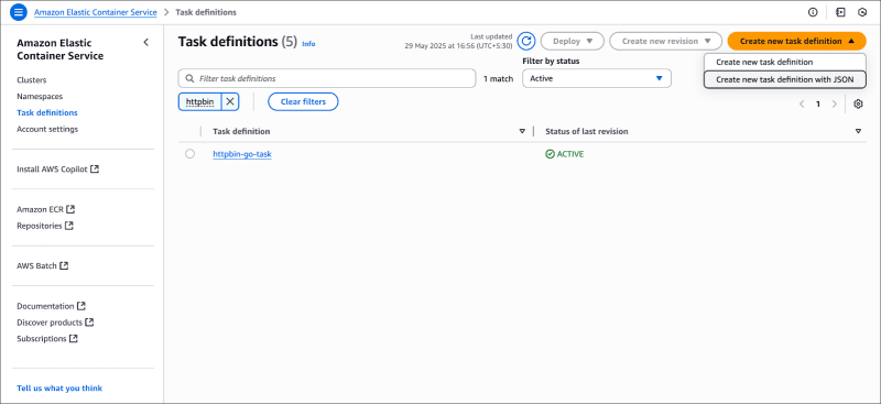 Create a new task definition with JSON