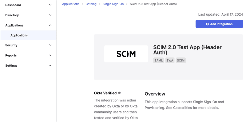 Add new Okta SCIM test app