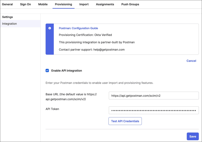Configure provisioning in Okta's Postman app