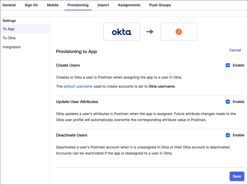 Enabled features in Okta's Postman app