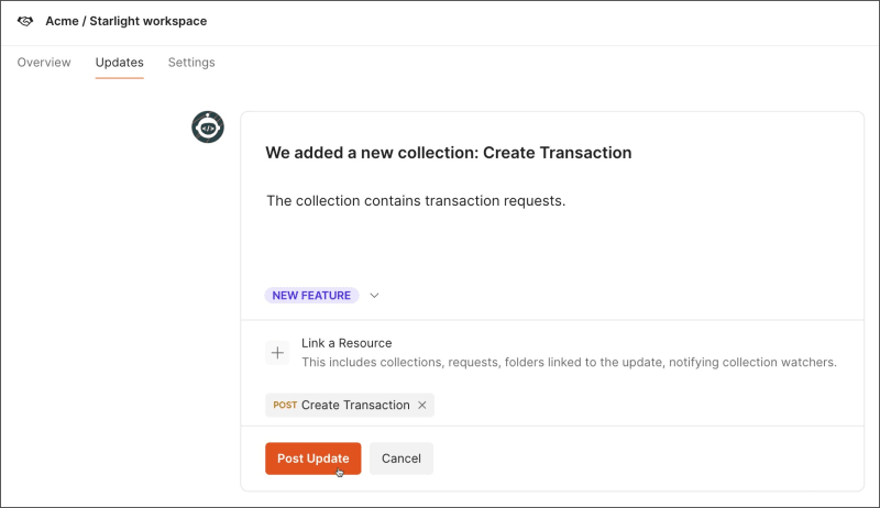 Post a workspace update in a Partner Workspace