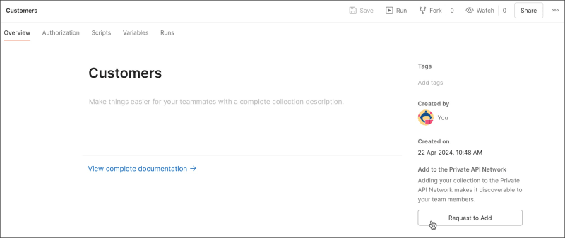 Request to add collection to your Private API Network