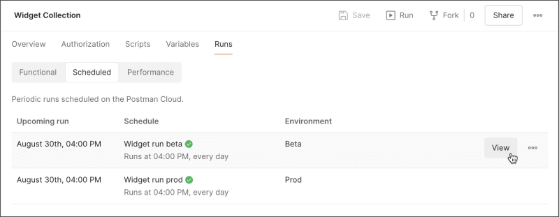 Scheduled runs view