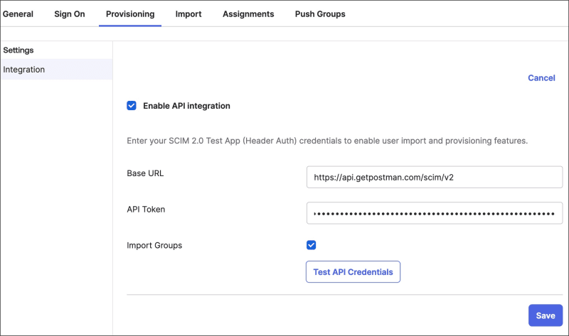 Configure provisioning in Okta's SCIM test app