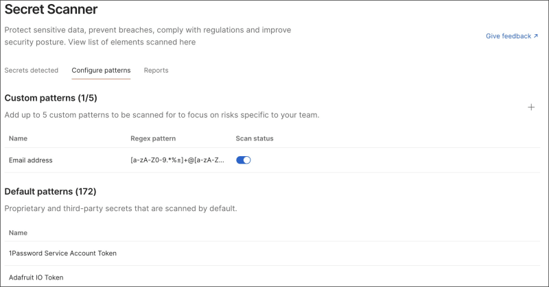 The Secret Scanner Configure patterns interface