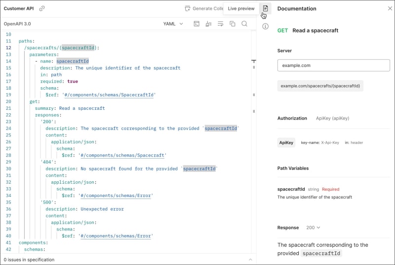 View live documentation for a specification