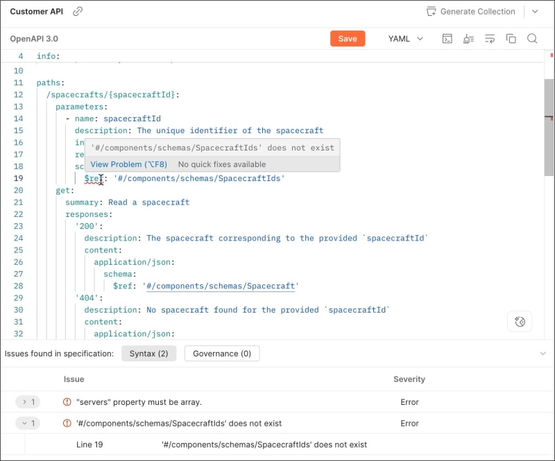View syntax errors in a specification