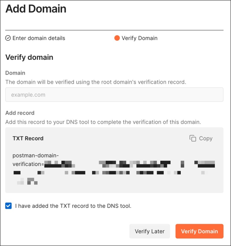 Add TXT record and verify domain