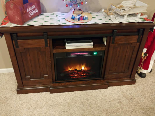 Weathered Cherry Sliding Barn Door Electric Fireplace Console
