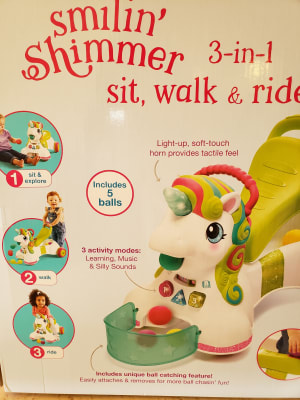 smilin shimmer 3 in 1 sit walk and ride unicorn