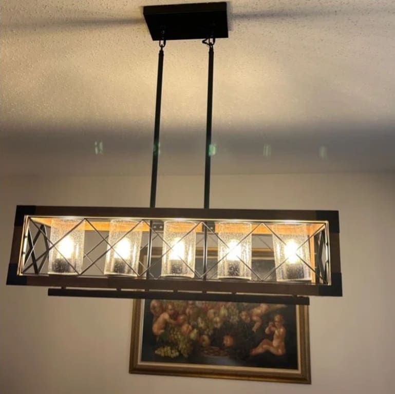 Modern Farmhouse 5-Light Wood Rectangle Chandelier Seeded Modern Farmhouse 5-Light Wood Rectangle Chandelier Seeded