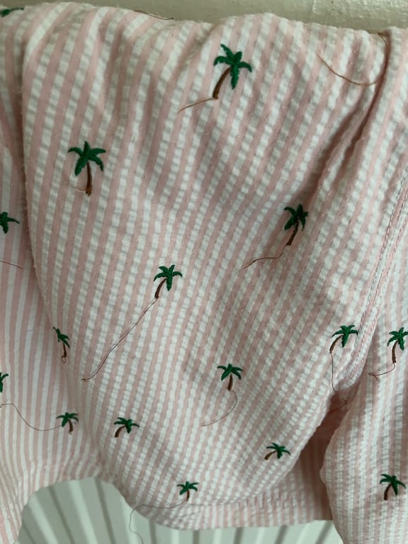 Pink Mens Seersucker Shorts with Green Embroidered Palm Trees