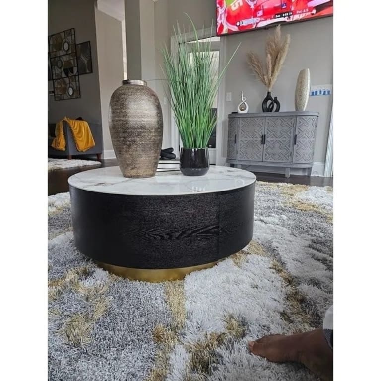 Modern Drum Coffee Table with Oak Veneer, Sintered Stone Coffee Table