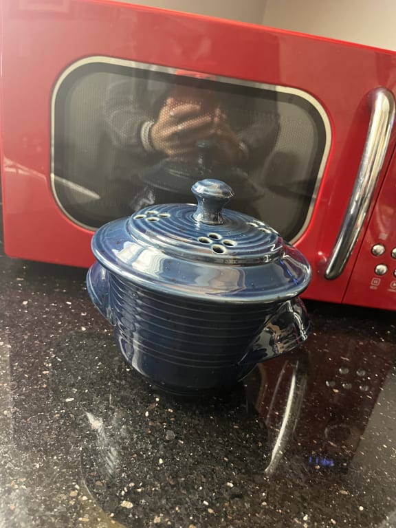Stoneware Microwave Veggie Steamer from Uncommon Goods. Customer submitted image.