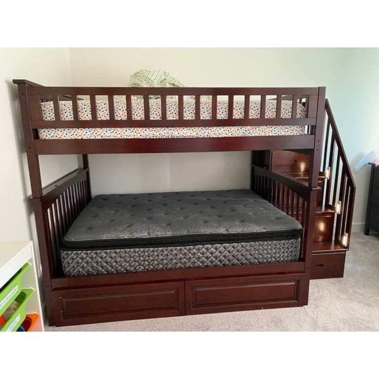 Columbia Staircase Bunk Bed Full over Full with 2 Drawers in Walnut On Sale Bed Bath