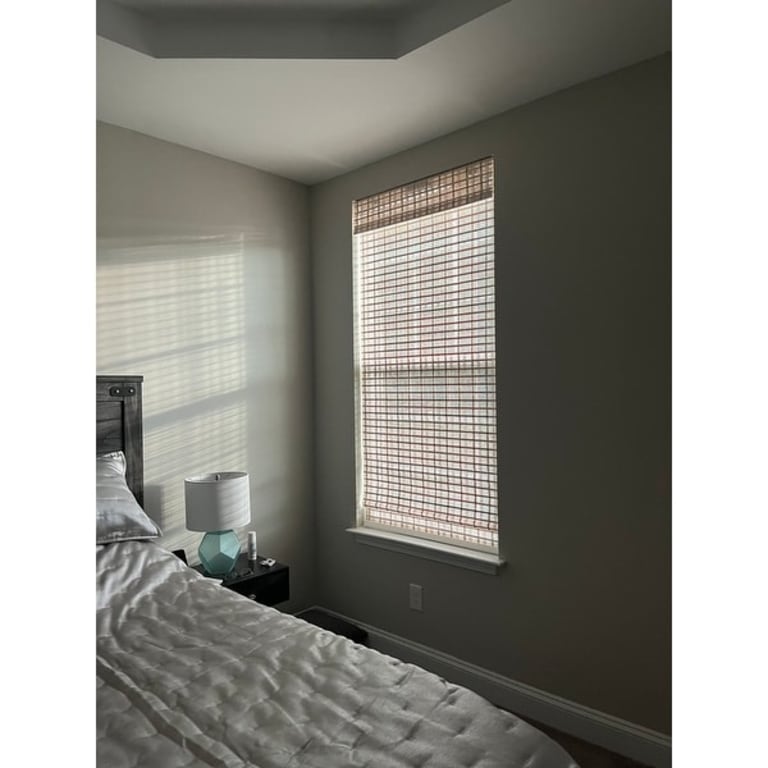 Arlo Blinds Whitewash Bamboo Shades with 74 Inch Height On Sale Bed