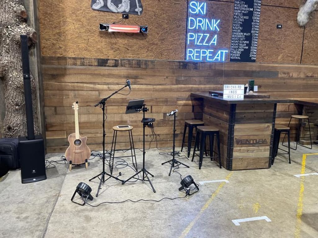 My solo gig setup including the JBL Eon Mk2