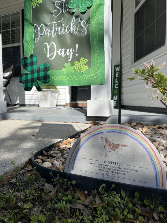 Rainbow Bridge Pet Memorial Garden Stone from Uncommon Goods. Customer submitted image.