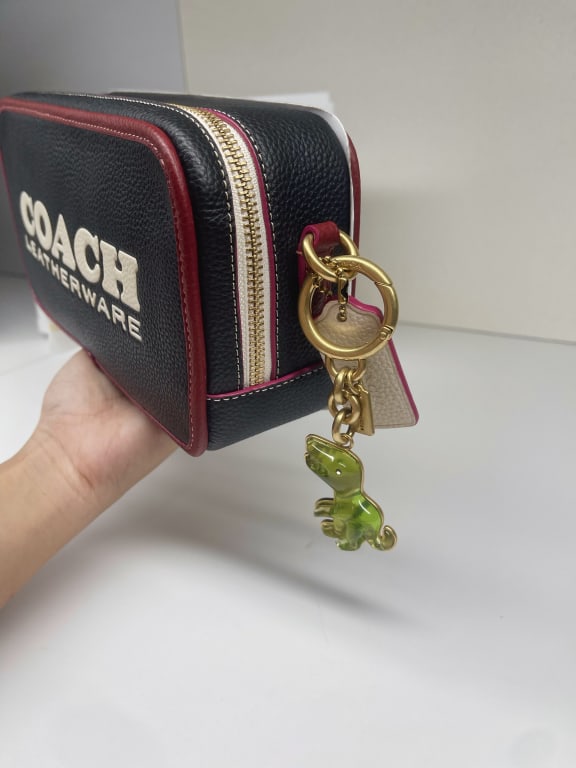 Coach, Accessories, Nwot Coach Black Leather Rexy Charm Loop Bag Charm  Keychain Fob Dinosaur Studded
