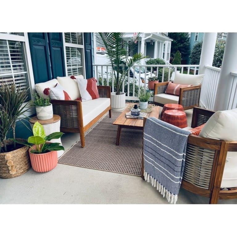 Burchett Outdoor Acacia Wood and Wicker 4 Seater Chat Set with Optional