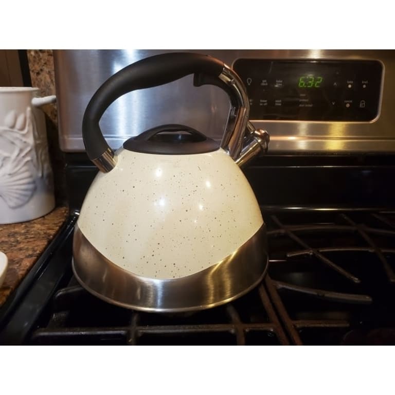 MegaChef 3 Liter Stovetop Whistling Kettle in Light Tan Speckle Bed