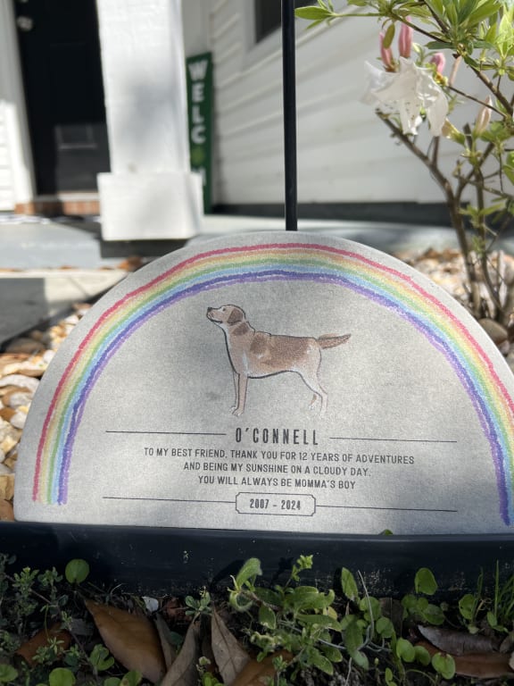 Rainbow Bridge Pet Memorial Garden Stone from Uncommon Goods. Customer submitted image.